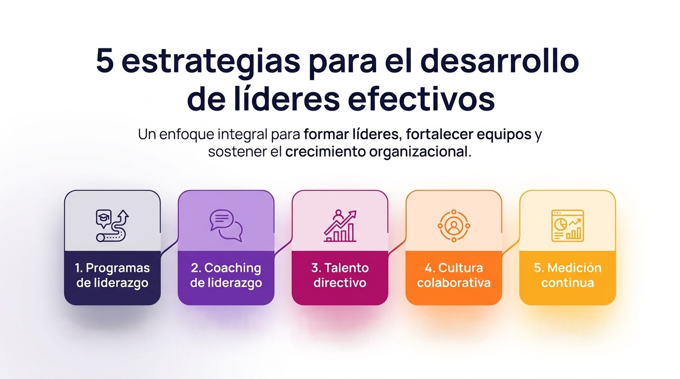 Infografía sobre 5 estrategias para el desarrollo de líderes efectivos: programas de liderazgo, coaching, talento directivo, cultura colaborativa y medición continua.