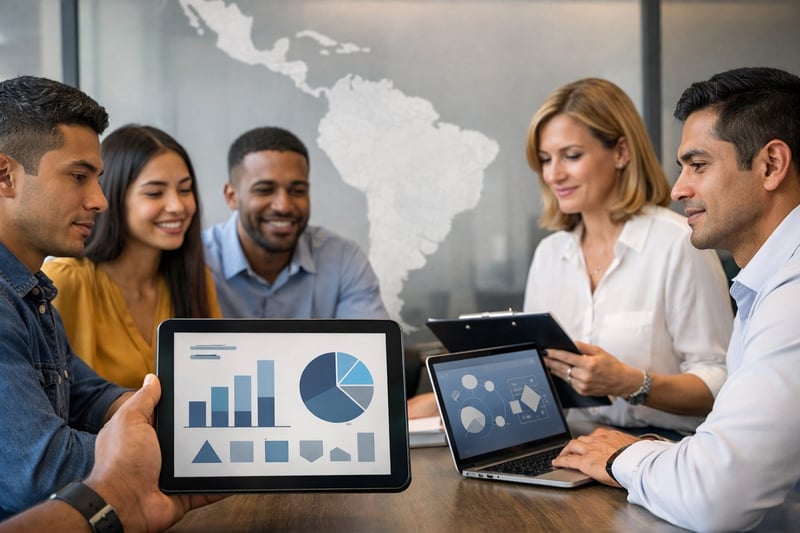 Equipo de profesionales en una oficina realizando una evaluación en tablet y laptop, con un mapa de Latinoamérica al fondo, representando adaptaciones culturales en pruebas psicométricas.