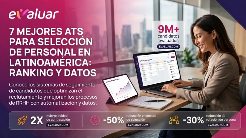 Reclutadora revisando pipeline de ATS en pantalla con estadísticas de selección de personal en Latinoamérica