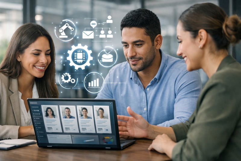 Equipo de recursos humanos usando software de reclutamiento automatizado (ATS) en laptop para optimizar procesos de selección.