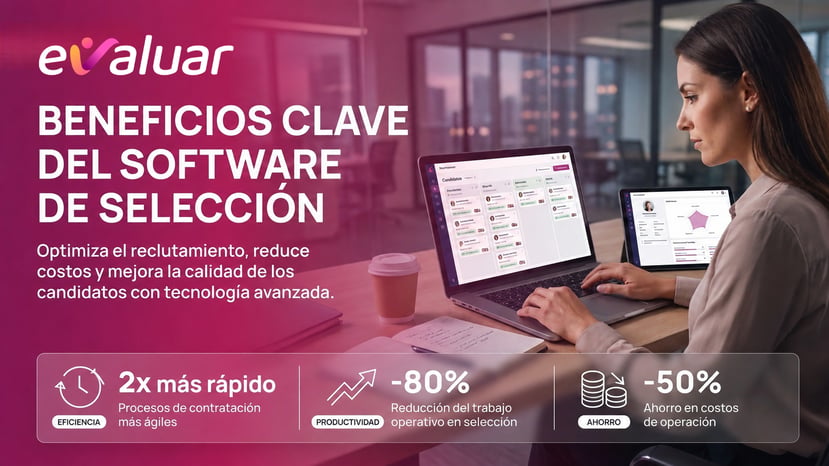 Profesional de RRHH utilizando un software de reclutamiento en laptop, con métricas clave de eficiencia, calidad y ahorro en costos de contratación