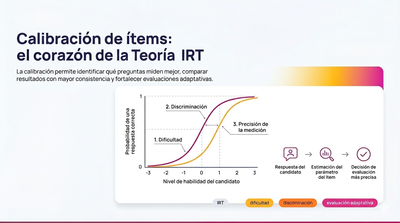 Infografía de Evaluar sobre calibración de ítems en la Teoría IRT para evaluaciones pre-empleo, con gráfico de dificultad, discriminación y precisión de la medición.