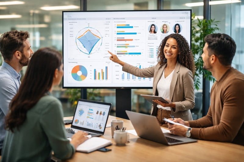 Equipo de recursos humanos analizando en pantalla un dashboard de evaluación de potencial y desempeño para identificar talento y futuros líderes con el modelo CAP+.