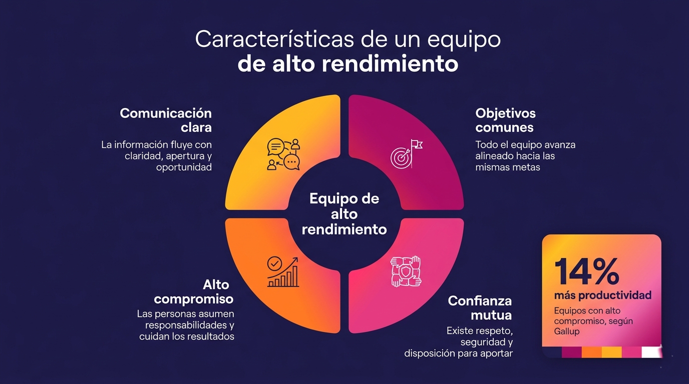 Infografía sobre las características de un equipo de alto rendimiento con comunicación clara, objetivos comunes, confianza mutua y alto compromiso.