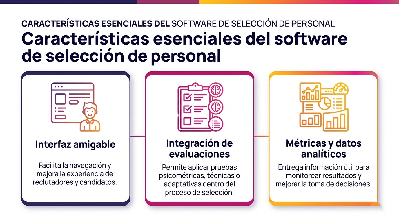 Infografía sobre las características esenciales del software de selección de personal como interfaz amigable, evaluaciones integradas y métricas analíticas