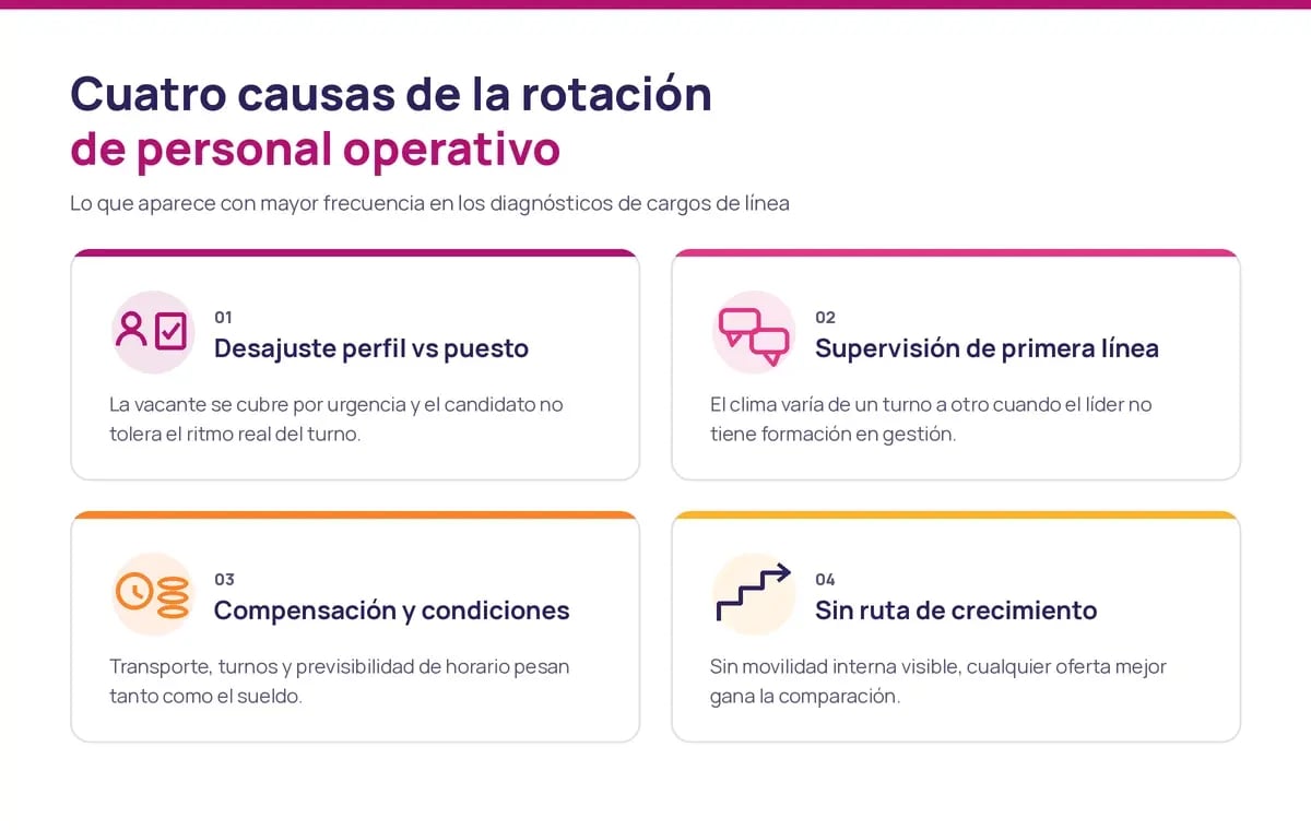 Diagrama con las cuatro causas principales de la rotación de personal operativo y su impacto en la operación