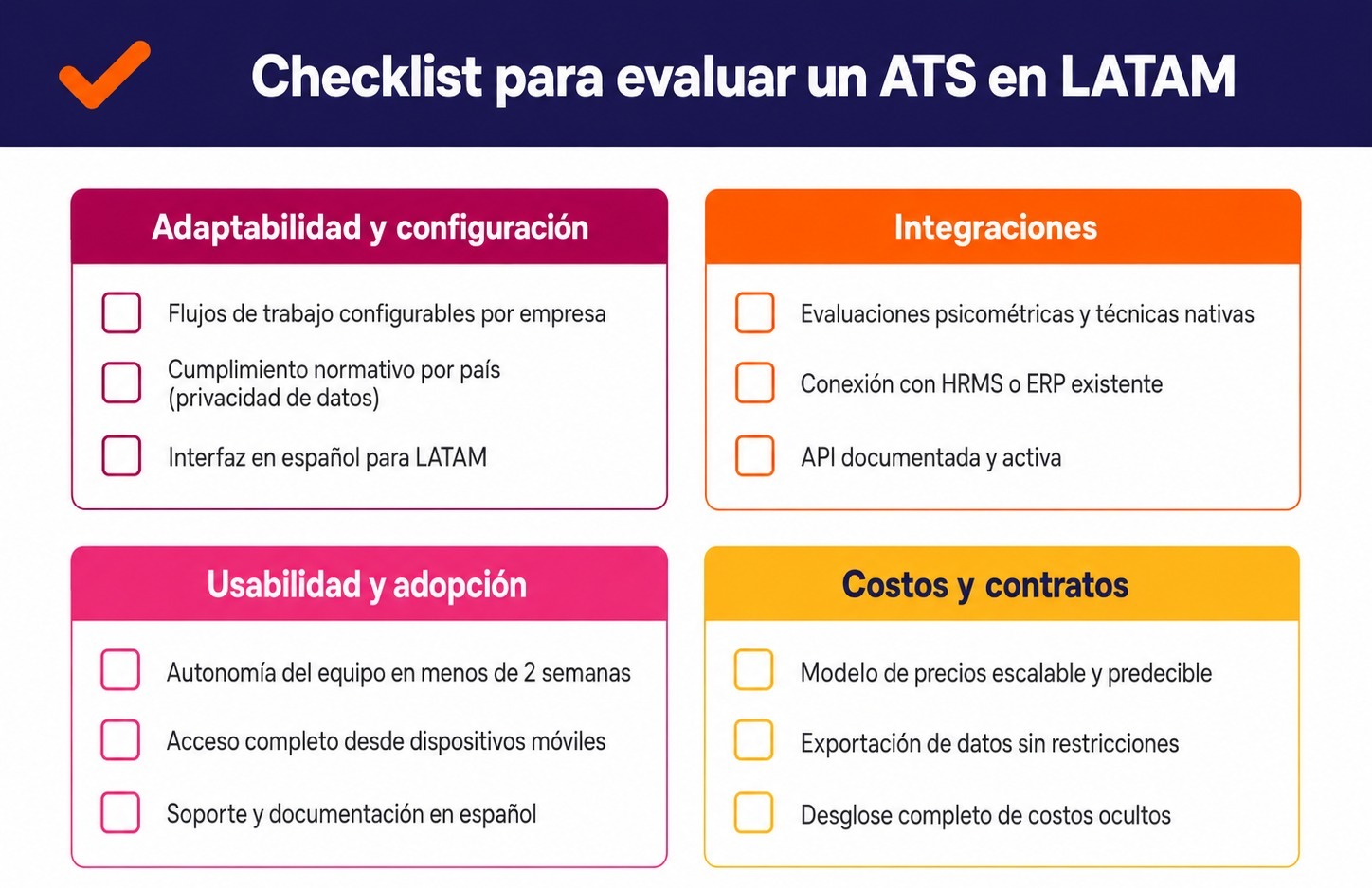 Checklist visual con 12 criterios para evaluar y elegir un ATS de reclutamiento en Latinoamérica