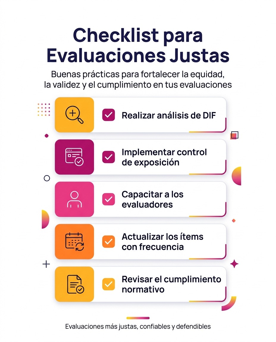 Checklist para evaluaciones justas con análisis de DIF, control de exposición, capacitación de evaluadores, actualización de ítems y cumplimiento normativo.