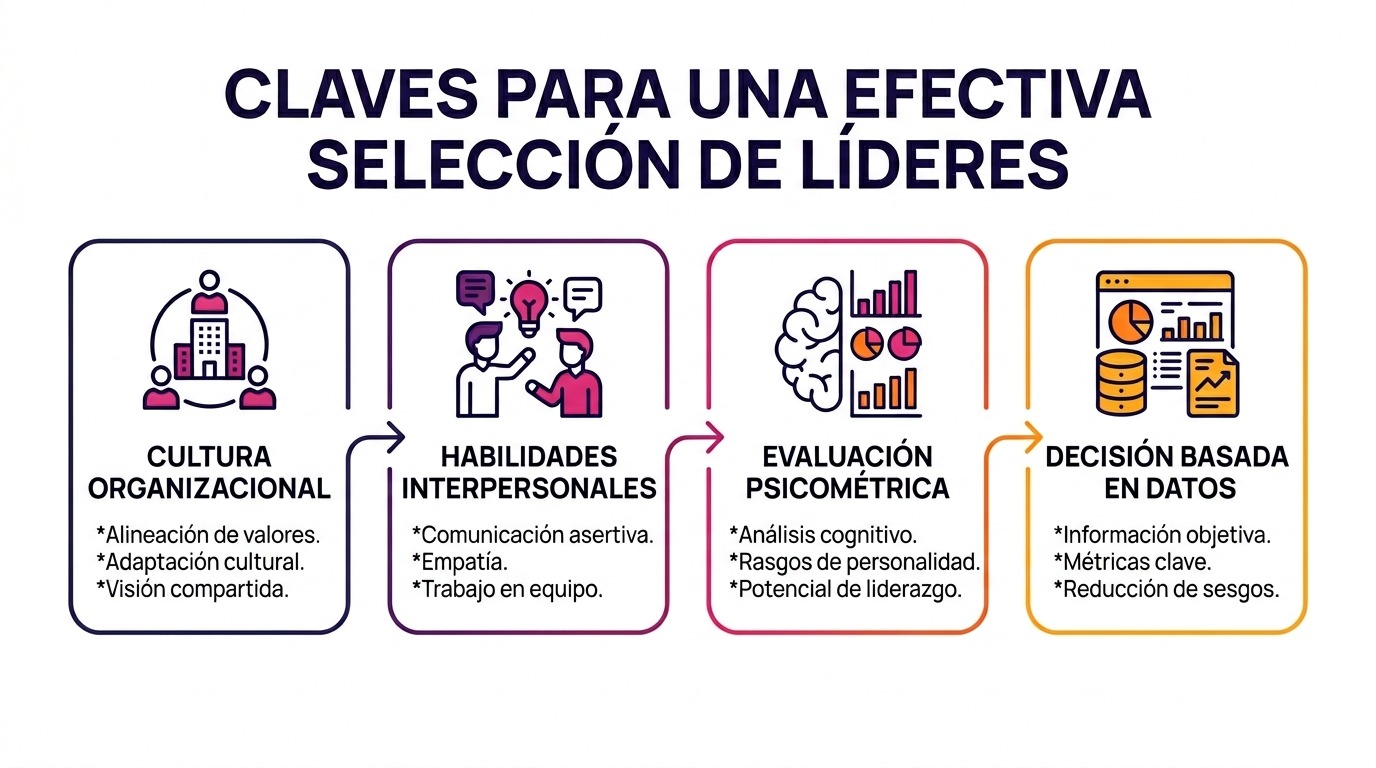 Infografía sobre claves para una efectiva selección de líderes: cultura organizacional, habilidades interpersonales, evaluación psicométrica y decisión basada en datos.