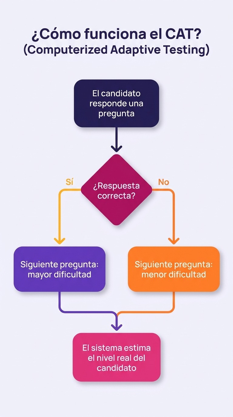 Diagrama de flujo que explica cómo funciona el Computerized Adaptive Testing (CAT): el sistema adapta la dificultad de cada pregunta según si el candidato responde correcta o incorrectamente