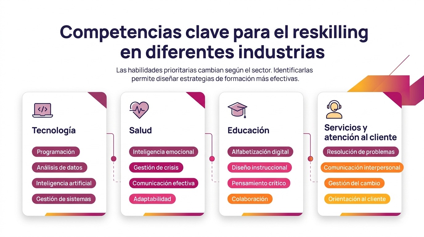 Infografía sobre competencias clave para el reskilling en diferentes industrias, con habilidades prioritarias en tecnología, salud, educación y servicios de atención al cliente.