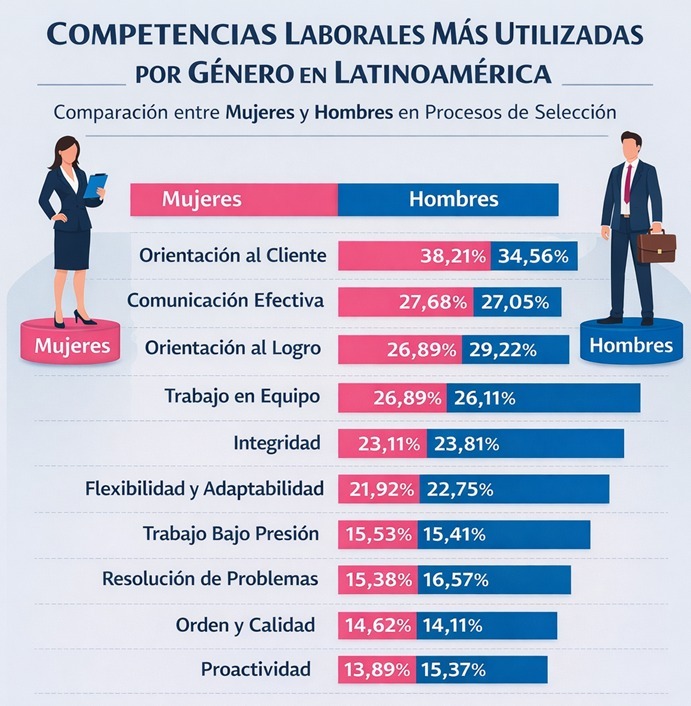 Comparación de competencias laborales entre hombres y mujeres en Latinoamérica durante procesos de selección.