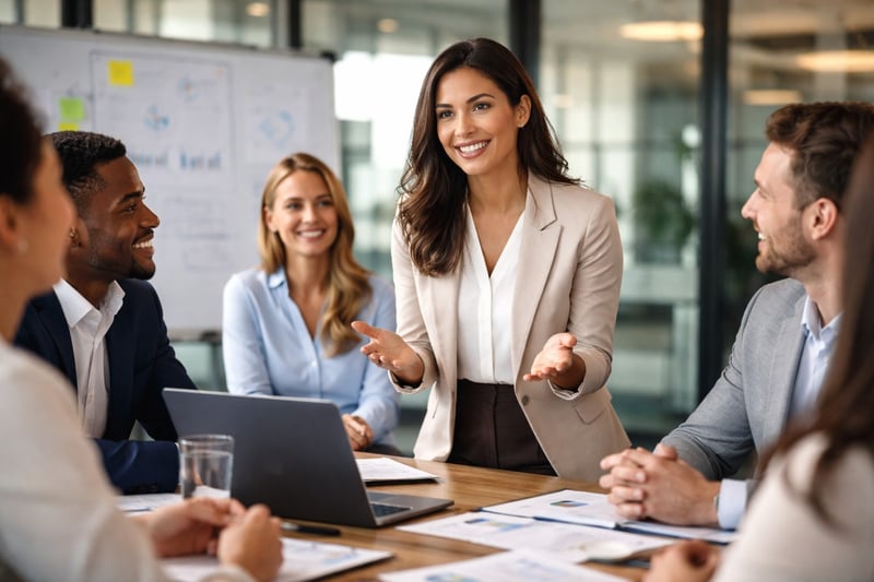 Reunión de equipo profesional donde una líder guía la conversación, representando competencias de liderazgo en un entorno empresarial exitoso.