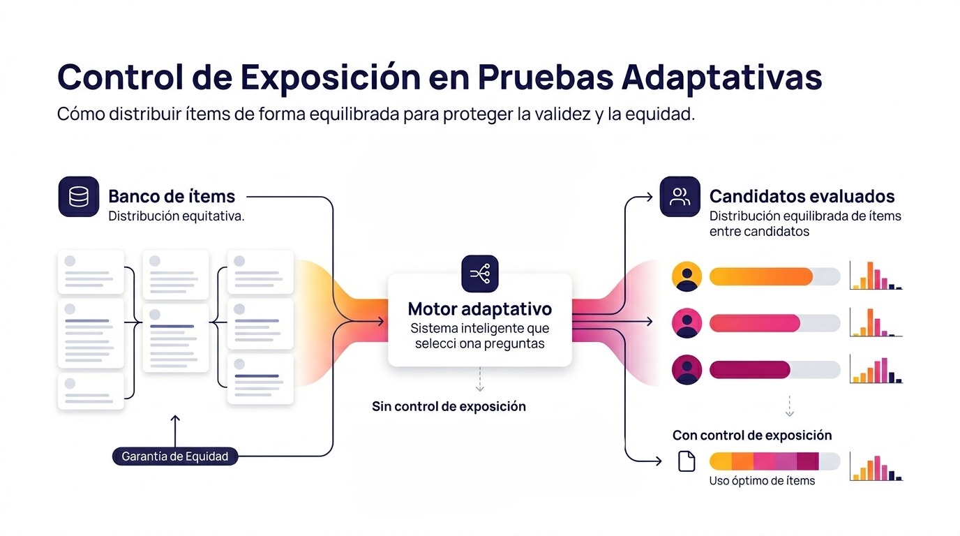 Infografía sobre control de exposición en pruebas adaptativas CAT para distribuir ítems de forma equilibrada y proteger la validez y la equidad.
