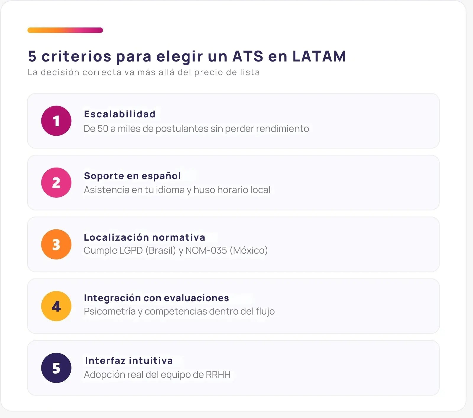 Cinco criterios para elegir un ATS en LATAM: escalabilidad, soporte en espanol, normativa local e integracion
