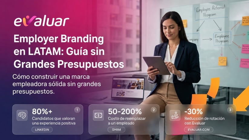 Profesional de RRHH revisando plataforma de employer branding con estadísticas SHRM y LinkedIn sobre marca empleadora