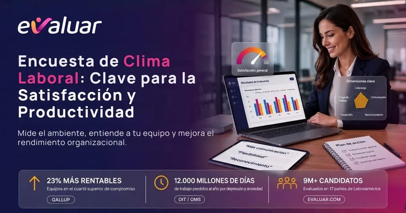 Profesional de RRHH revisa un panel de encuesta de clima laboral con indicadores de participación y rotación