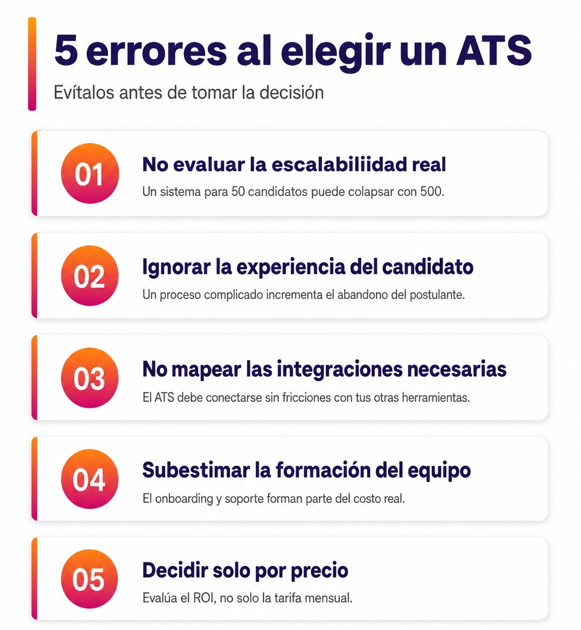 Infografía con los 5 errores más frecuentes al elegir un ATS  para procesos de reclutamiento y selección de personal