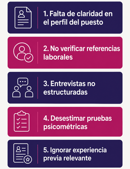 Lista visual de 5 errores comunes en la selección de personal operativo que afectan la calidad de la contratación
