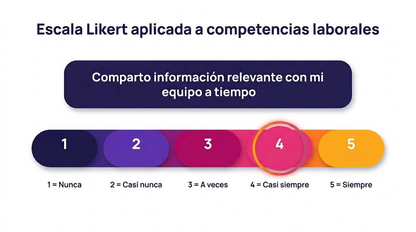 Ejemplo de escala Likert de 5 puntos aplicada a competencias laborales: ítem sobre compartir información con el equipo, con opciones que van de Nunca a Siempre