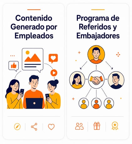 Infografía de estrategias de bajo costo para employer branding: redes sociales, contenido de empleados y referidos