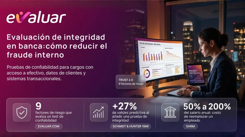 Especialista de RRHH en banca revisa un reporte de evaluación de integridad con métricas de validez y riesgo