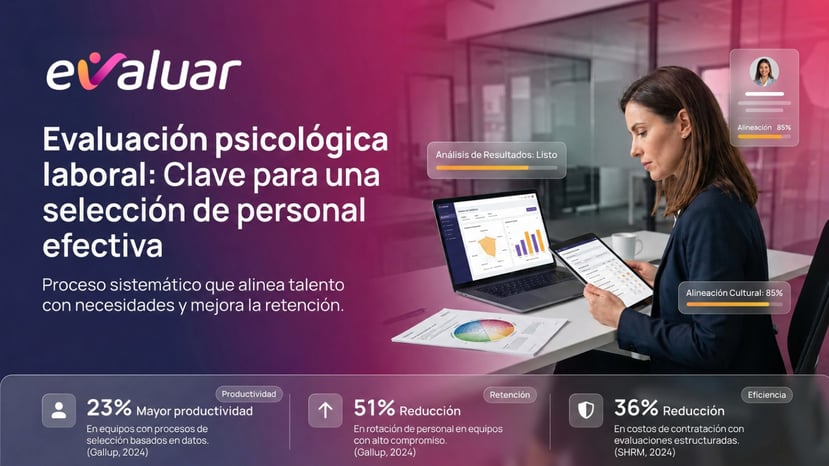 Infografía de evaluación psicológica laboral que muestra una profesional de RRHH analizando resultados en plataforma digital, con estadísticas clave: 23% mayor productividad, 51% reducción en rotación y 36% reducción en costos de contratación con evaluaciones estructuradas.