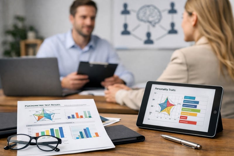 Evaluador y candidata en entrevista laboral con resultados de prueba psicométrica visibles en papel y tablet sobre la mesa.