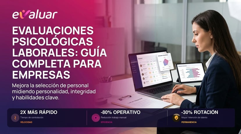 Profesional de RRHH utilizando el software de evaluaciones psicológicas laborales de Evaluar.com en laptop y tablet, con dashboard de resultados psicométricos.