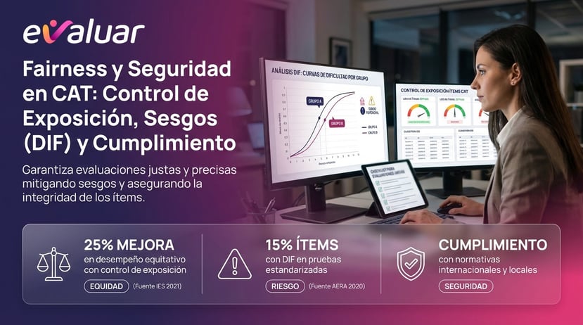 Portada sobre fairness y seguridad en pruebas CAT con control de exposición, análisis de sesgos DIF y cumplimiento normativo en evaluación de talento.