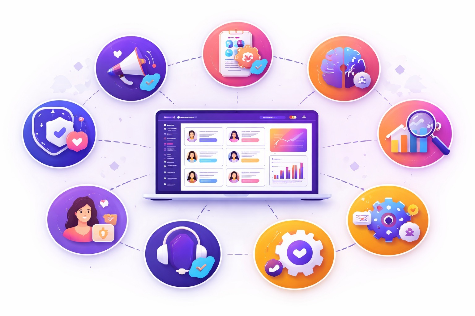Infografía de funcionalidades clave del software de reclutamiento de personal: automatización, pruebas psicométricas, IA, analítica e integraciones en un ATS