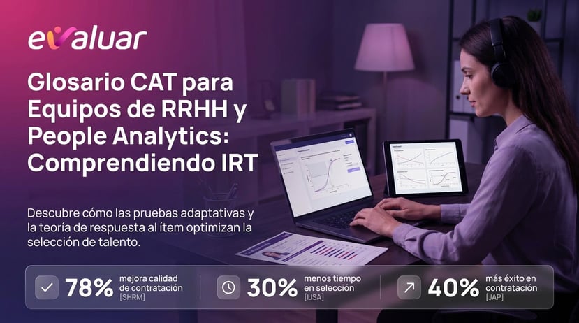 Portada del artículo Glosario CAT para equipos de RRHH y People Analytics con una analista revisando gráficos de pruebas adaptativas e IRT junto a métricas de impacto en contrataciones, trabajo operativo y rotación de personal
