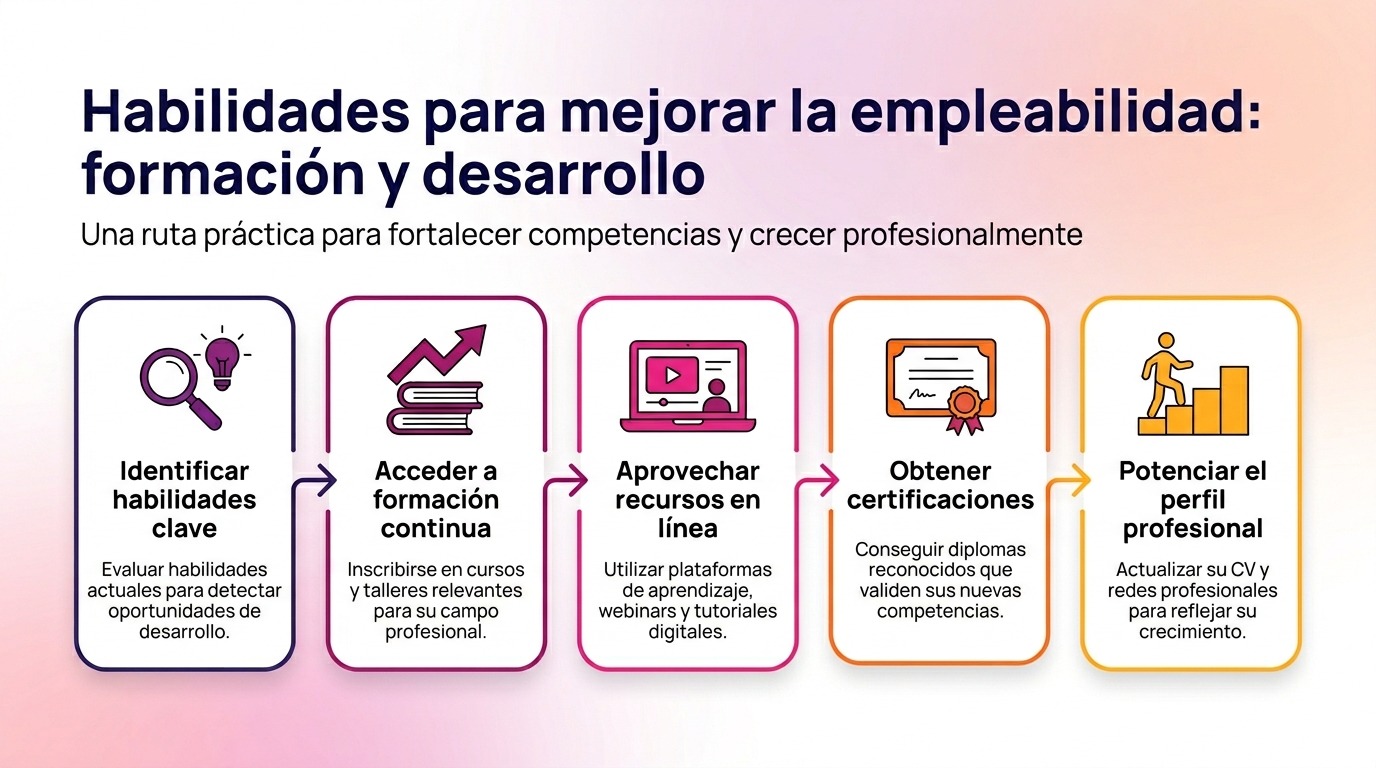 Infografía sobre habilidades para mejorar la empleabilidad mediante formación continua, recursos en línea, certificaciones y desarrollo del perfil profesional.