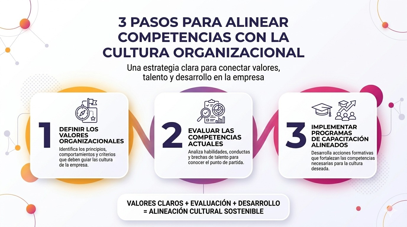 Infografía de 3 pasos para alinear competencias laborales con la cultura organizacional en una empresa.