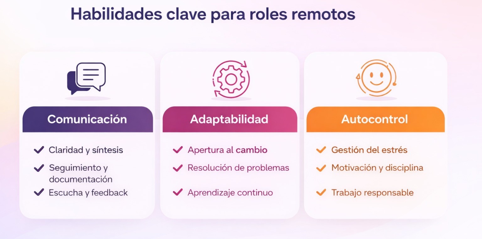 Infografía de habilidades clave para roles remotos: comunicación, adaptabilidad y autocontrol, con íconos y colores de la marca Evaluar.