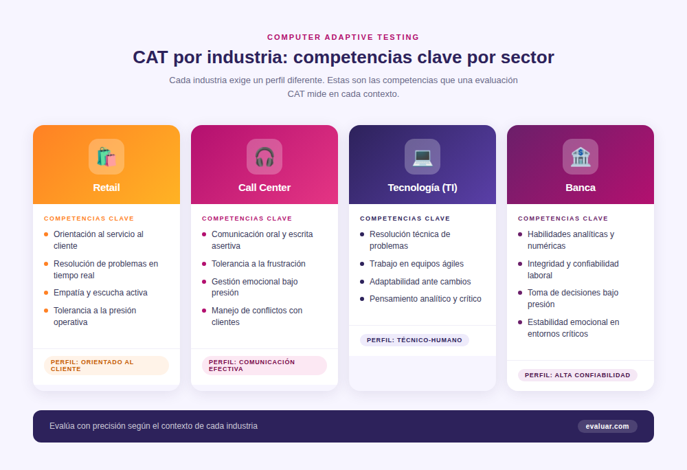 Infografía CAT por industria: tabla comparativa de competencias clave evaluadas por sector en retail, call center, TI y banca mediante Computer Adaptive Testing