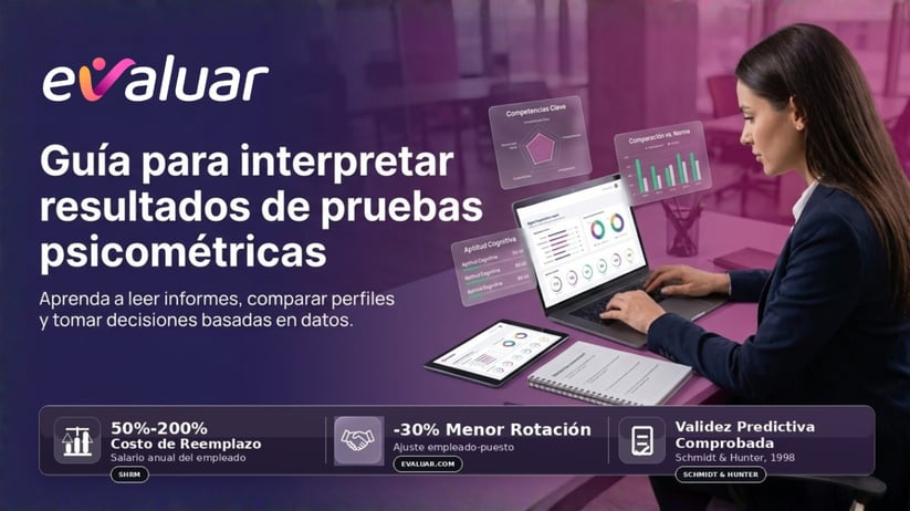 Reclutador revisando un informe psicométrico en pantalla con estadísticas de SHRM y evaluar.com sobre selección de personal
