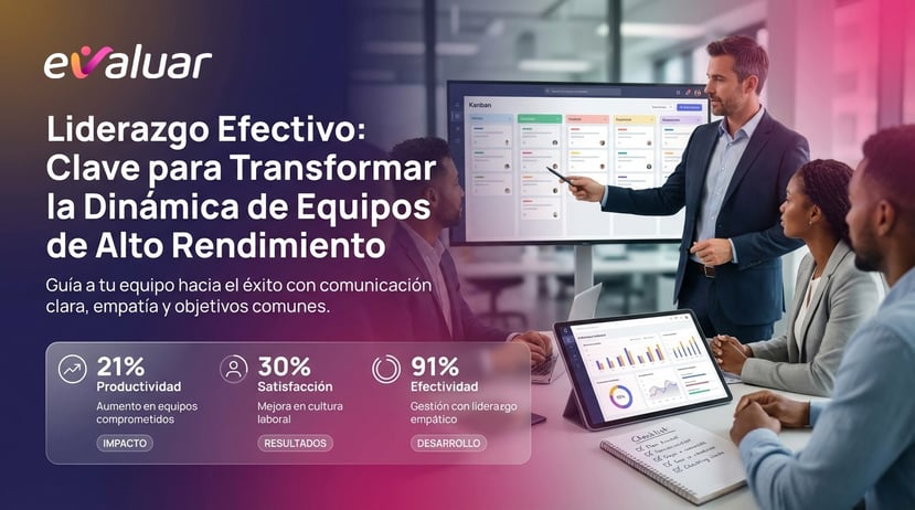 Líder presenta estrategias de trabajo a su equipo frente a un tablero digital, ejemplo de liderazgo efectivo y equipos de alto rendimiento.