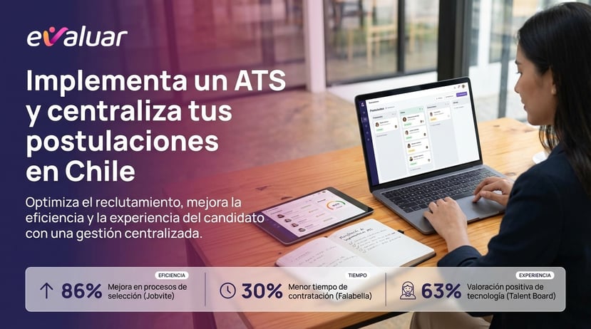 Portada de Evaluar sobre implementación de ATS en Chile para centralizar postulaciones: banner “Implementa un ATS y centraliza tus postulaciones en Chile” con pantalla de software de reclutamiento y métricas de eficiencia, tiempo de contratación y experiencia del candidato.
