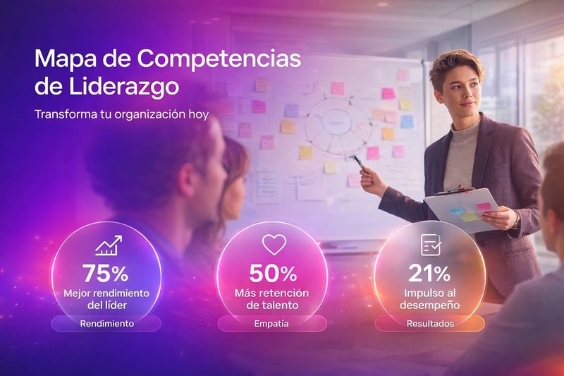 Portada horizontal 16:9 con degradado en tonos morado y magenta; a la izquierda el título ‘Mapa de Competencias de Liderazgo’ y el subtítulo ‘Transforma tu organización hoy’; a la derecha una persona lidera una reunión frente a una pizarra; en la franja inferior hay tres tarjetas circulares con iconos y métricas: 75% mejor rendimiento del líder, 50% más retención de talento y 21% impulso al desempeño.