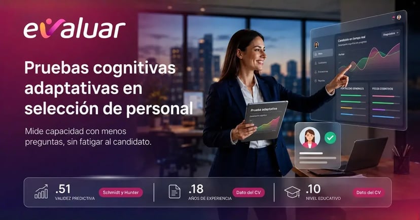 Profesional de RRHH revisando resultados de pruebas cognitivas adaptativas en un panel de selección de candidatos
