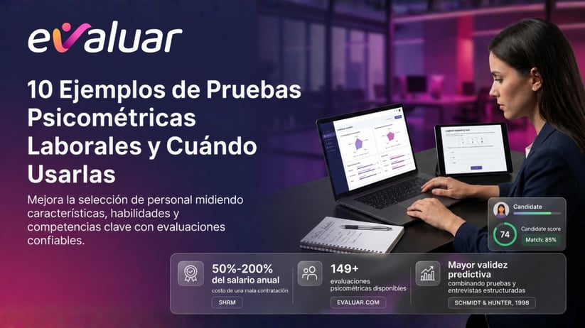 Portada sobre pruebas psicométricas laborales con estadísticas de SHRM y Evaluar.com (95 car.) → ajustar a: "Profesional de RRHH revisando resultados de pruebas psicométricas laborales con datos verificados"