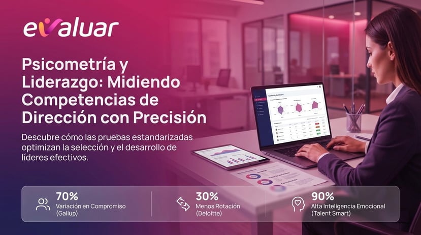 Imagen sobre psicometría y liderazgo con panel de evaluación de competencias directivas, selección de líderes y métricas de compromiso, rotación e inteligencia emocional.