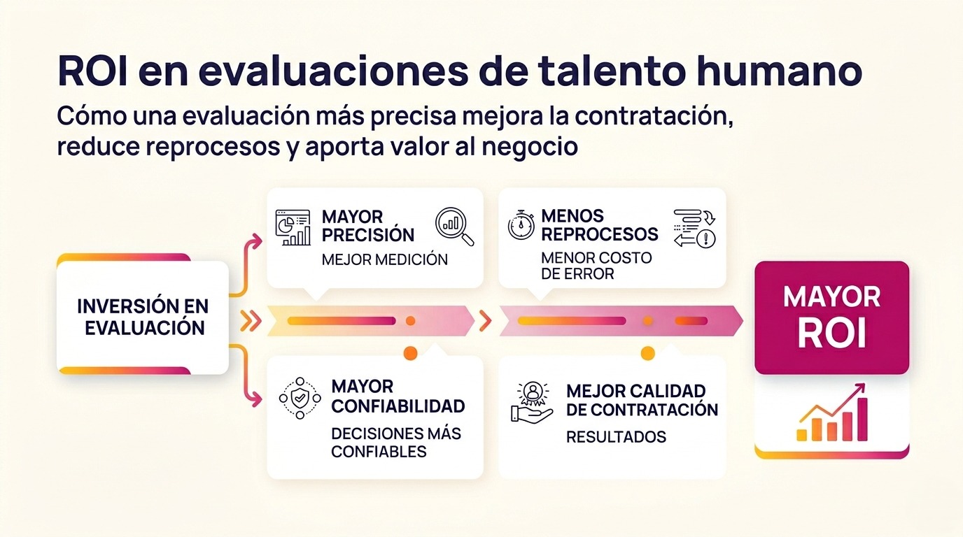 Infografía sobre ROI en evaluaciones de talento humano que muestra cómo la inversión en evaluación mejora la precisión, la confiabilidad, la calidad de contratación y reduce reprocesos.