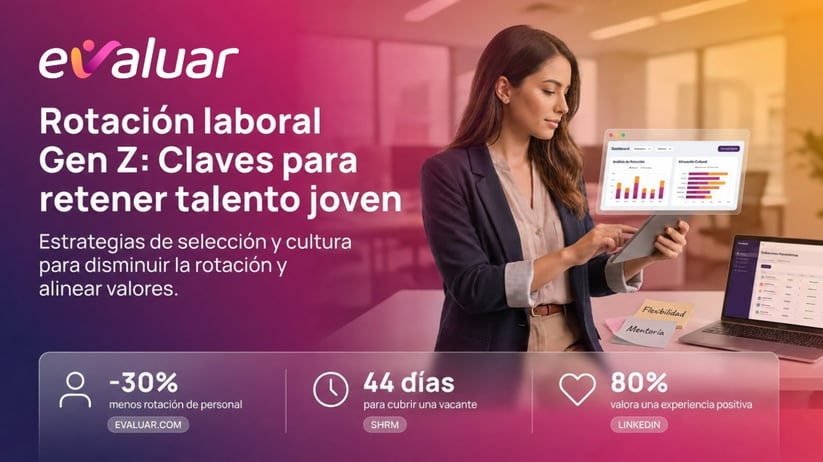 Profesional de RRHH revisa en la plataforma Evaluar datos de rotación laboral Gen Z y retención de talento joven en LATAM