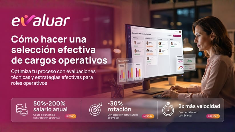 Profesional de RRHH revisando candidatos en la plataforma Evaluar con estadísticas de selección de personal operativo