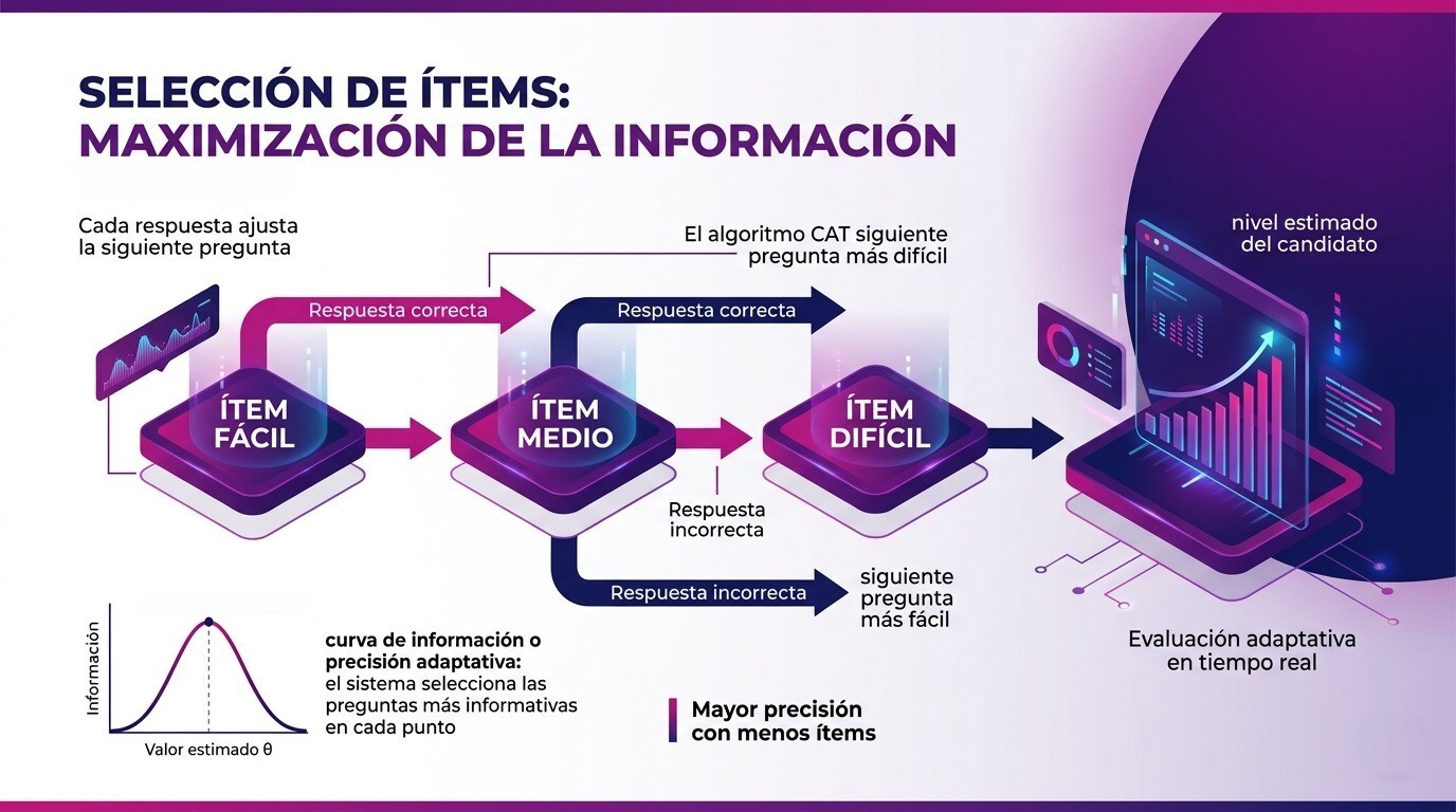 Infografía sobre la selección de ítems y la maximización de la información en el algoritmo CAT, con adaptación de preguntas según respuestas correctas o incorrectas para una evaluación más precisa en selección de personal.