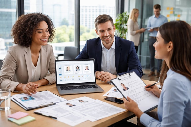 Reunión de Recursos Humanos analizando candidatos en laptop y currículums para alinear la selección y contratación de personal con los objetivos del negocio