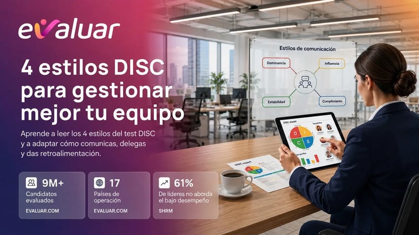 Líder de RRHH revisando un informe del test DISC con los 4 estilos de comportamiento del equipo en pantalla