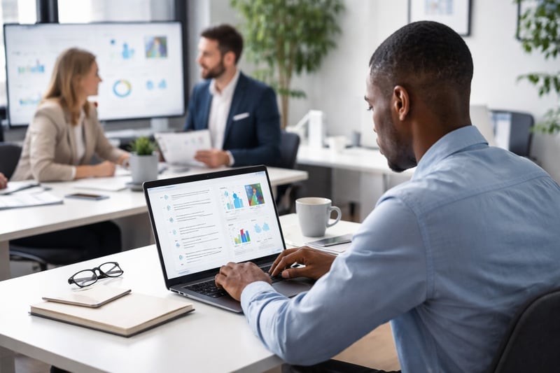 Candidato realizando pruebas psicométricas laborales en laptop durante proceso de selección con equipo de recursos humanos al fondo